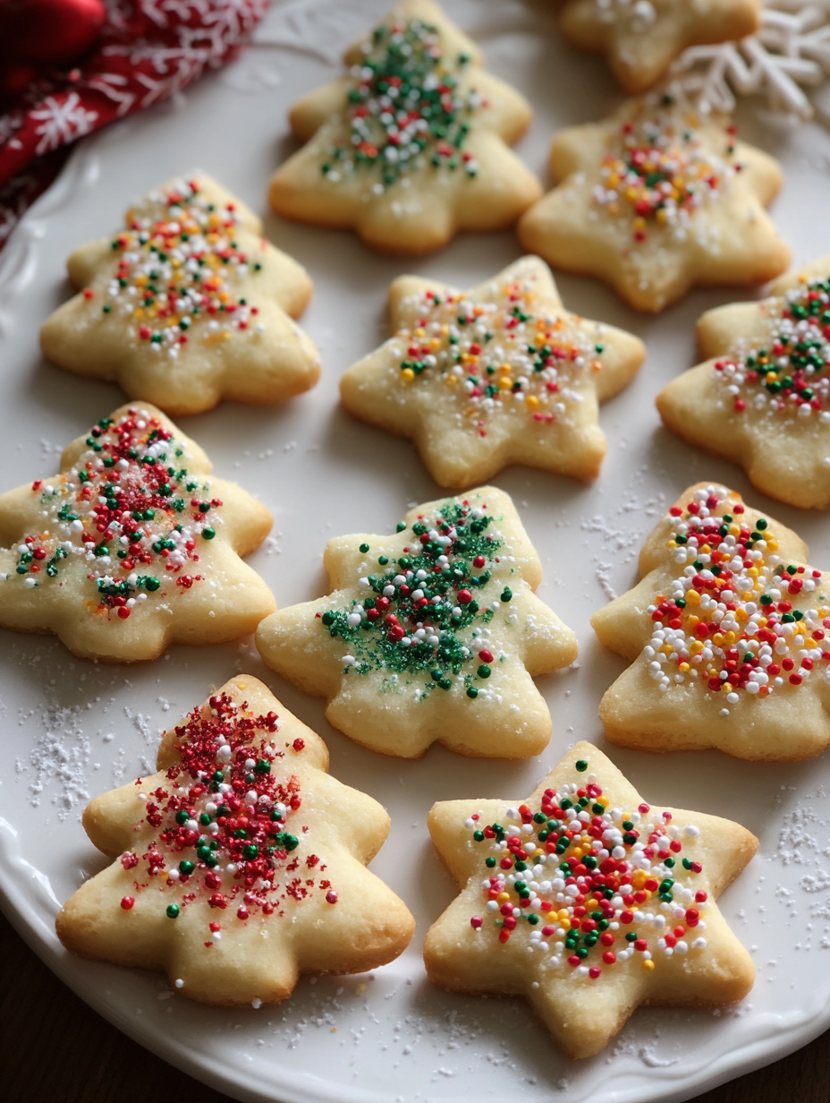 A plate of Christmas cookies with green, yellow, and red sprinkles.
