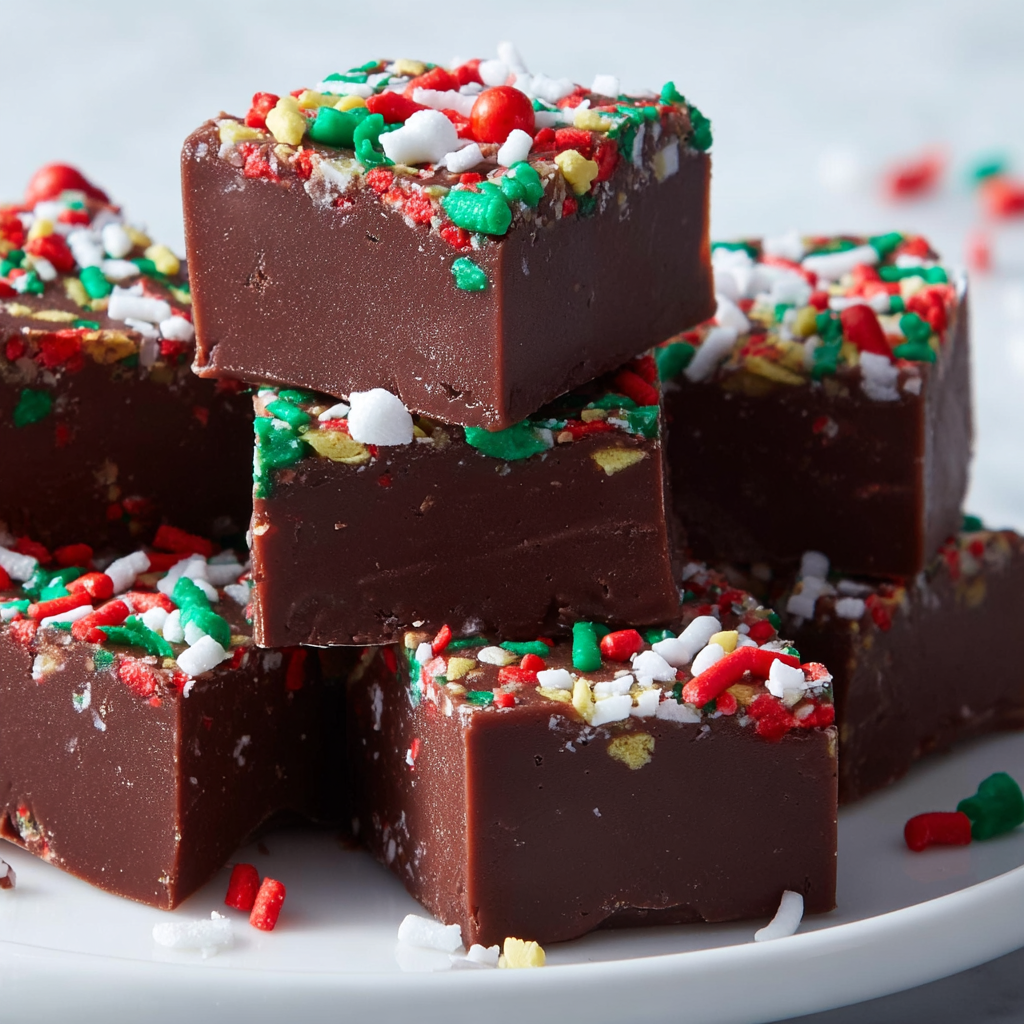 A plate of Christmas fudge with sprinkles.