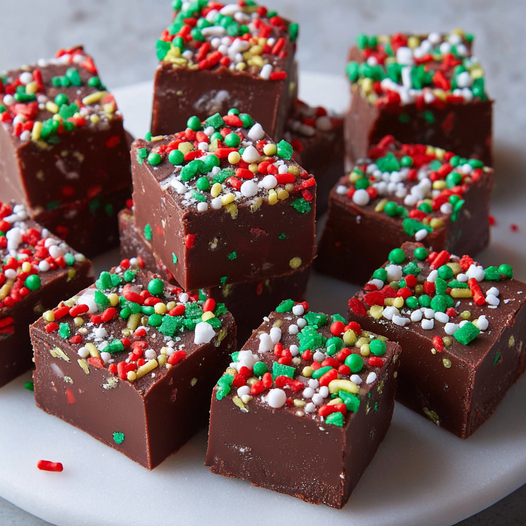 A plate of Christmas fudge with sprinkles.
