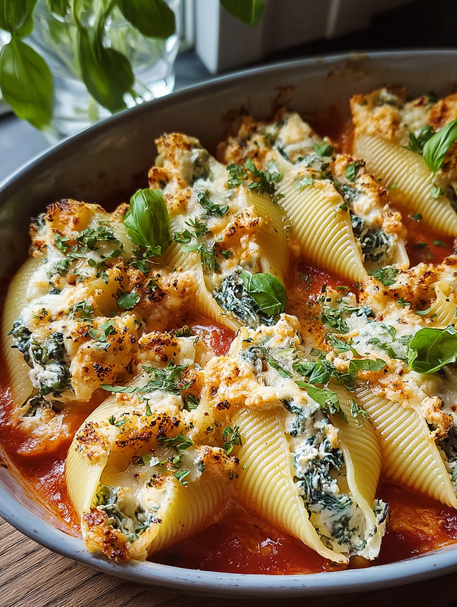 A dish of creamy spinach and feta stuffed shells.
