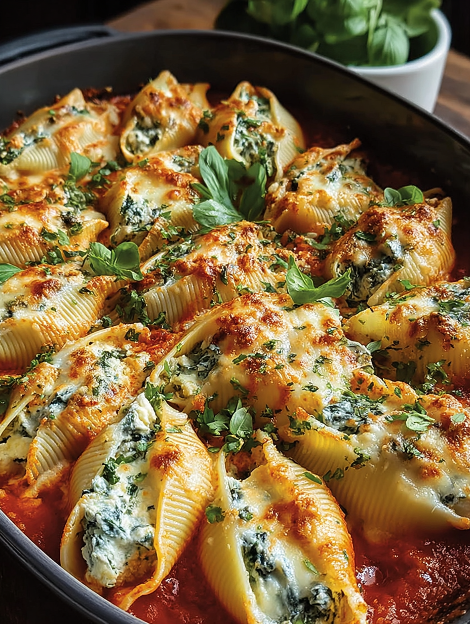 A dish of creamy spinach and feta stuffed shells.