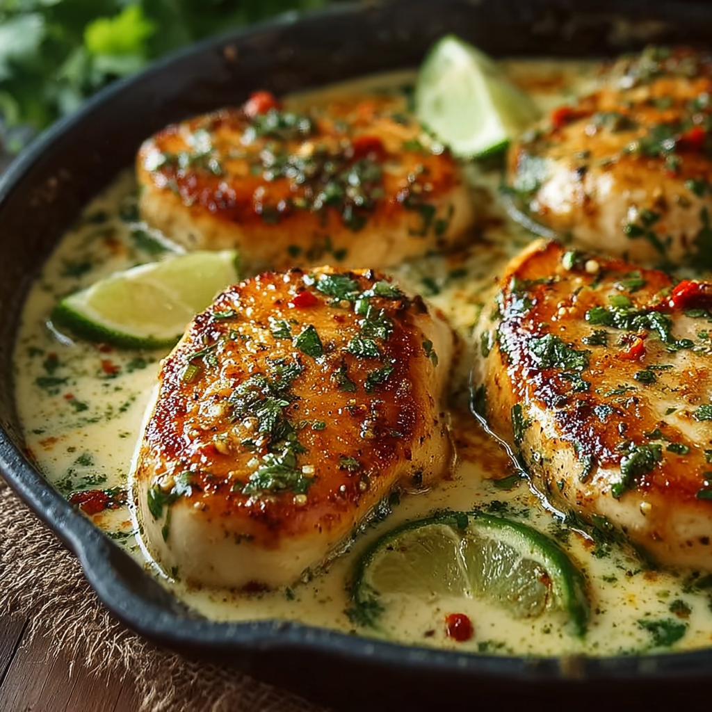A dish of chicken with cilantro and lime.