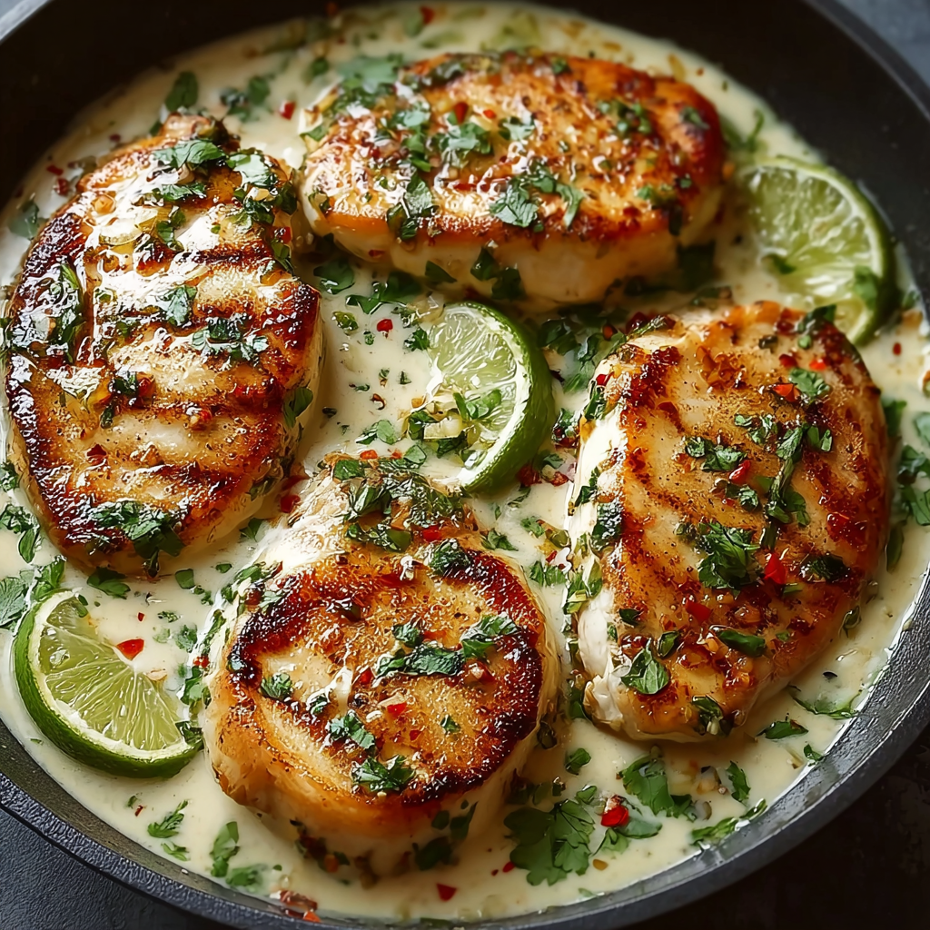 A pan of chicken with lime and cilantro.