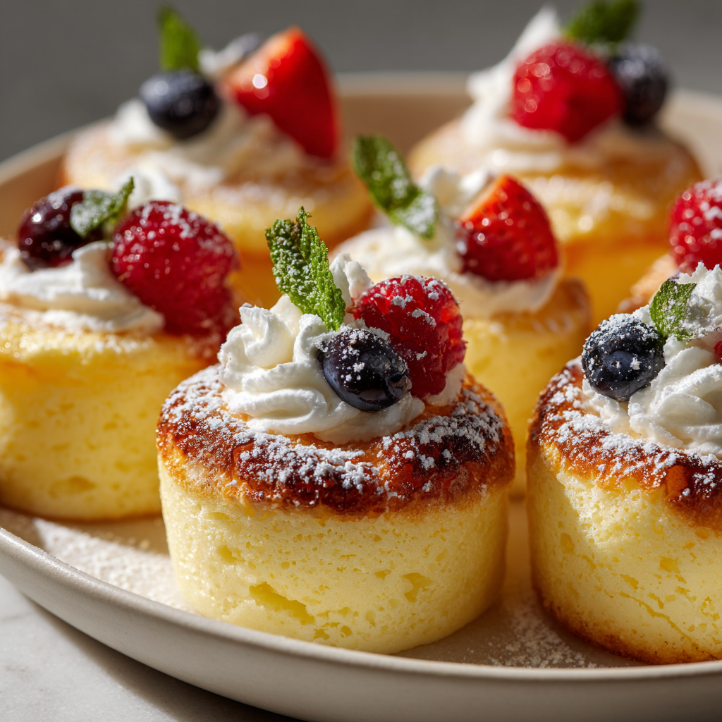 A plate of desserts with strawberries and blueberries on top.