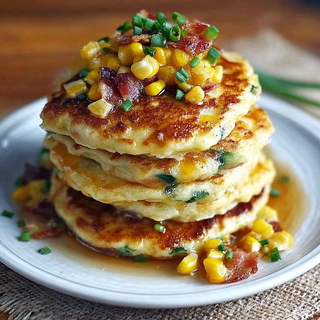 Bacon and corn griddle cakes stacked on a plate.