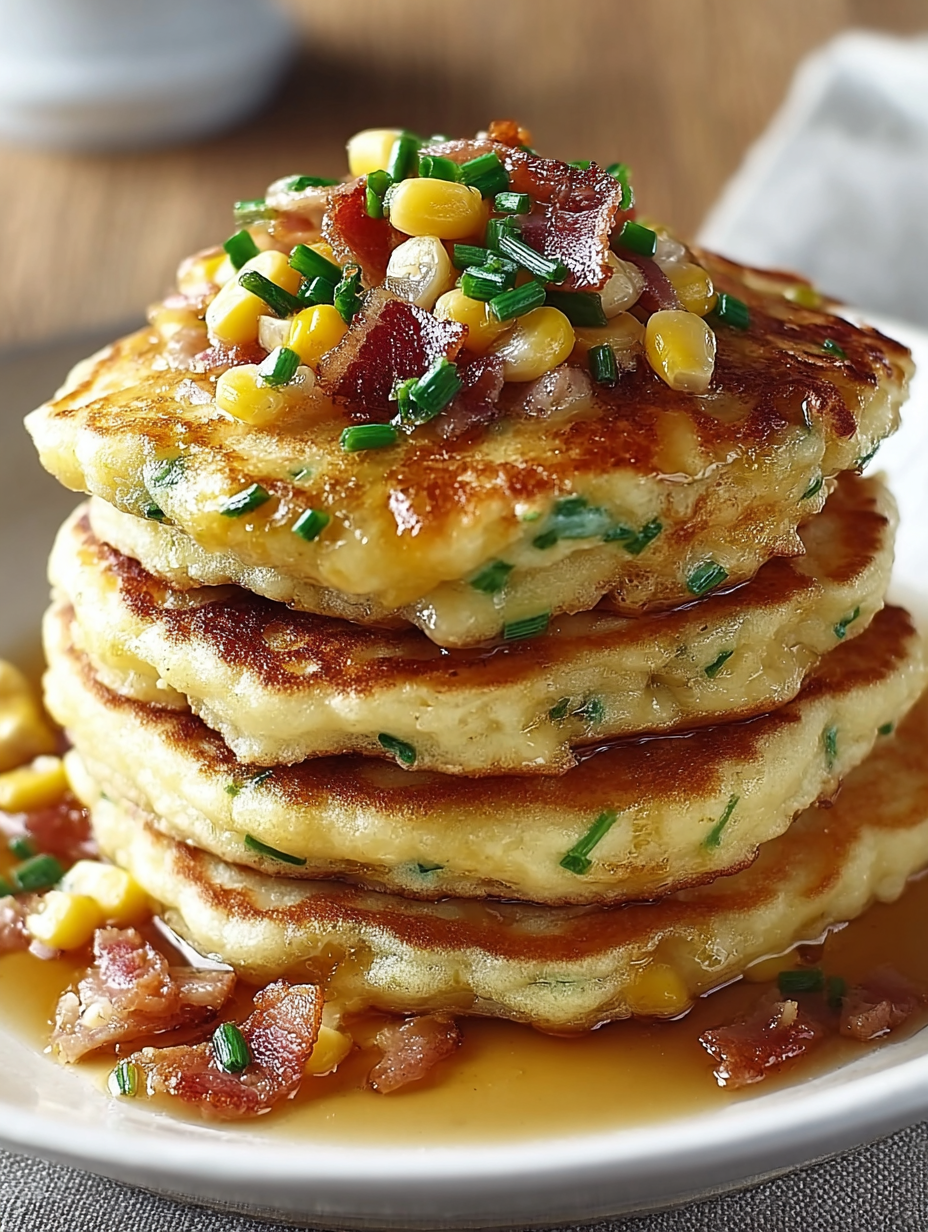 Bacon and corn griddle cakes stacked on top of each other.