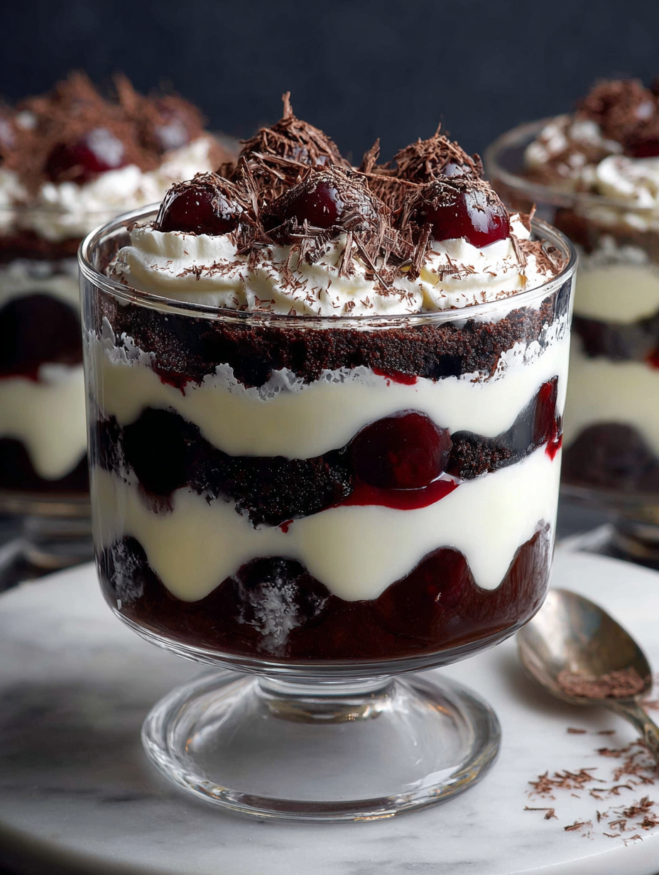 A glass dish filled with a black forest trifle.