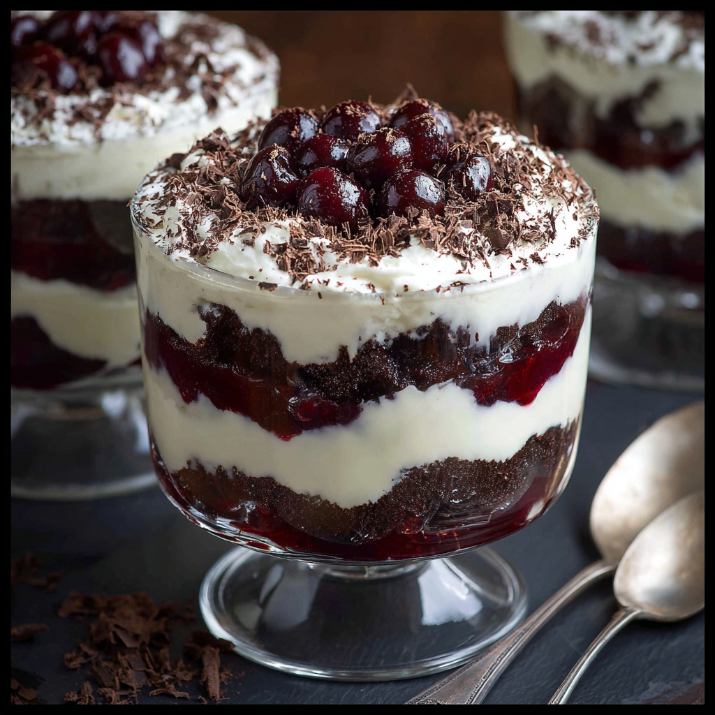 A glass of black forest trifle for christmas.