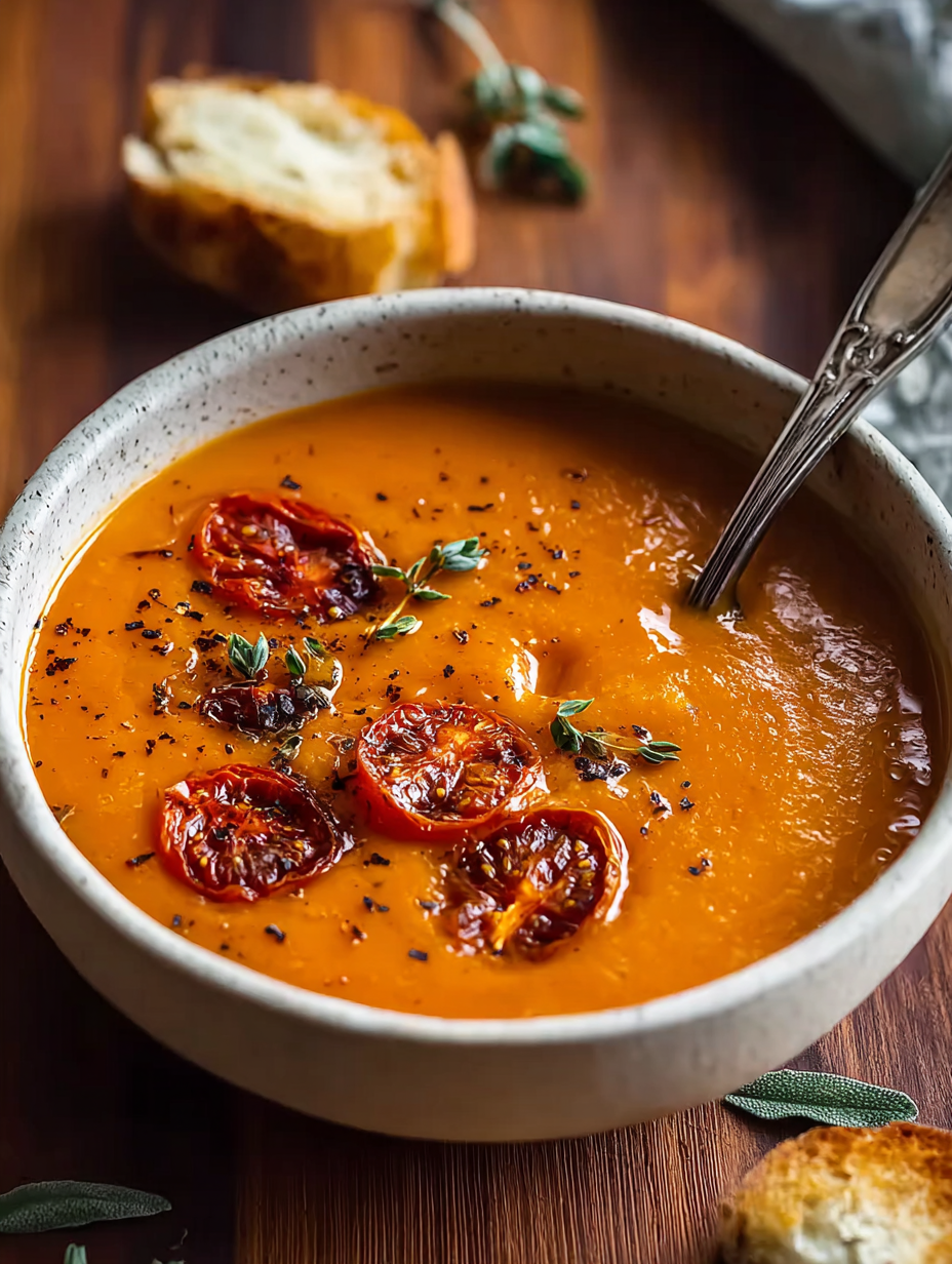 A bowl of soup with tomatoes and herbs.