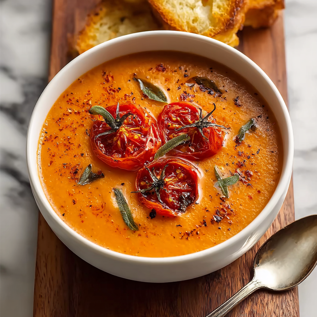 A bowl of soup with tomatoes and garlic.
