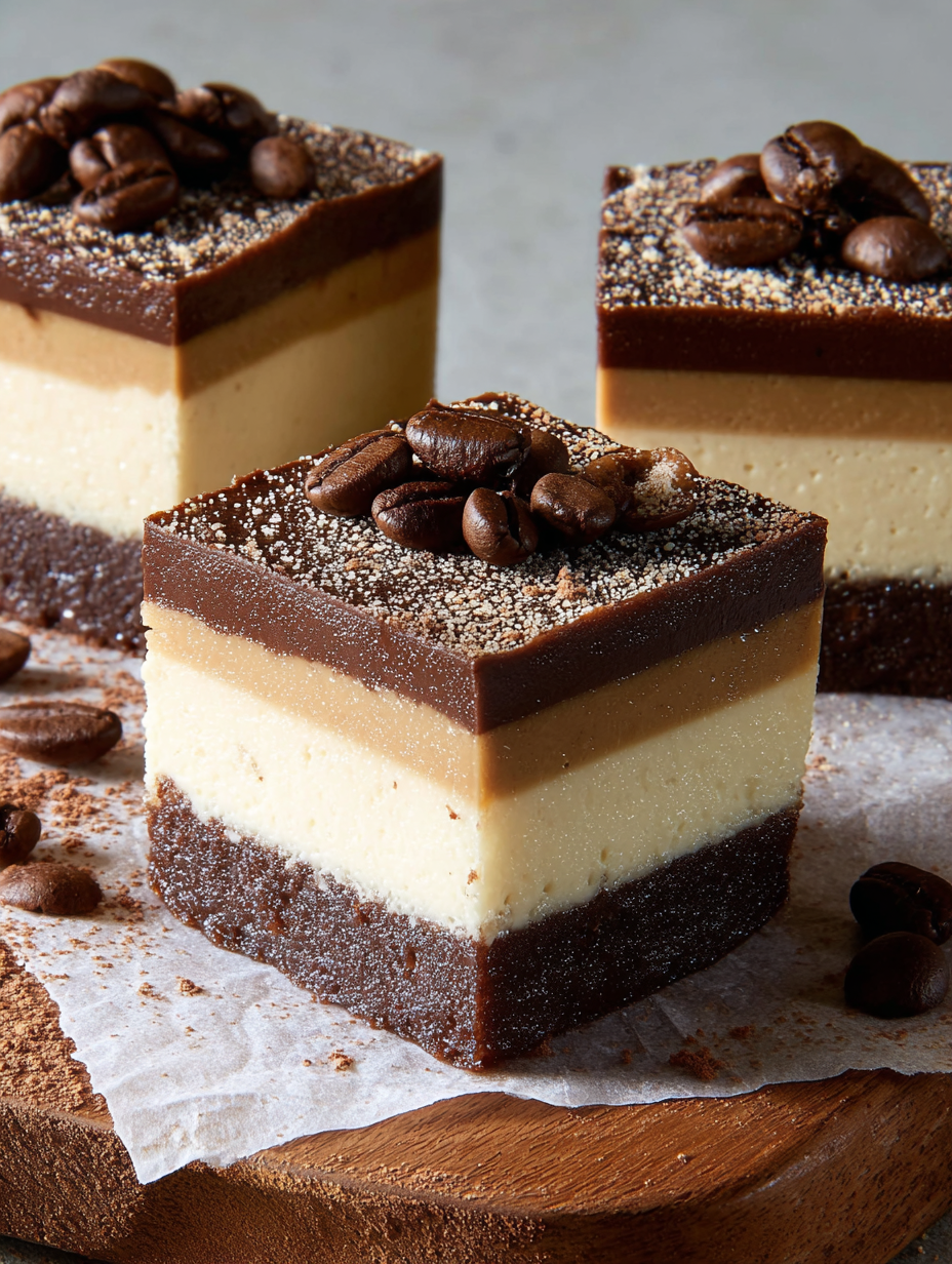 A square of chocolate fudge with coffee beans on top.