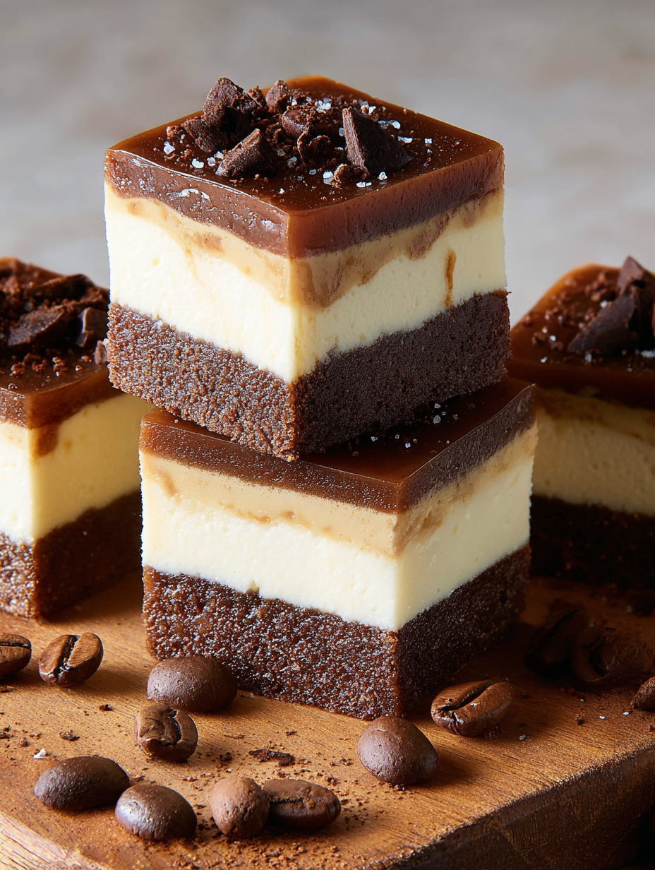 A stack of three square pieces of chocolate cake with a white filling.