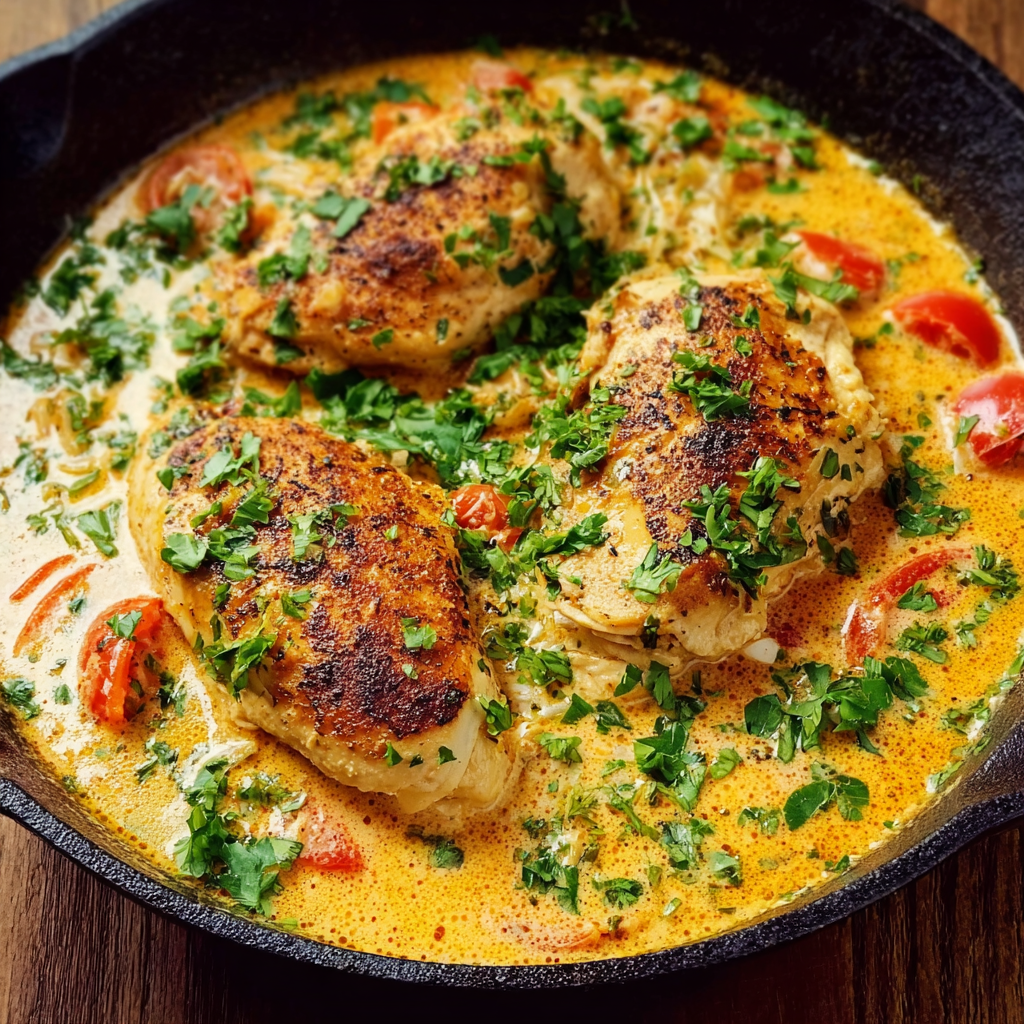 A pan of chicken with tomatoes and herbs.