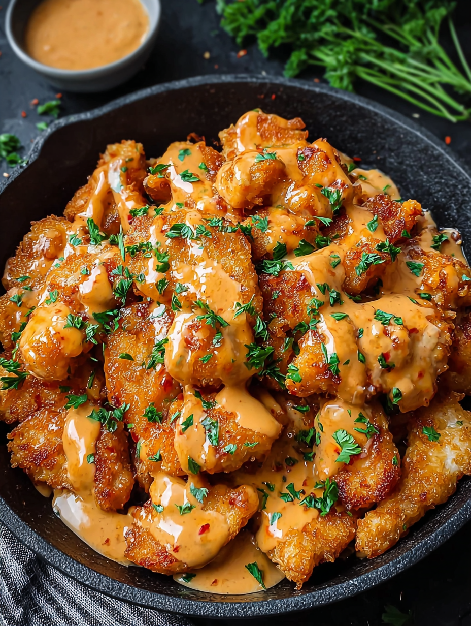 A bowl of chicken with a sauce on top.