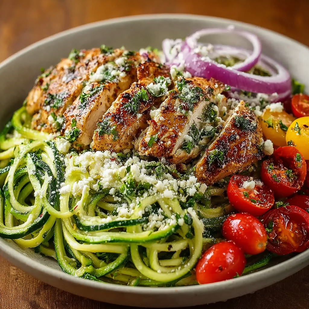 A plate of food with chicken, zucchini, tomatoes, and onions.
