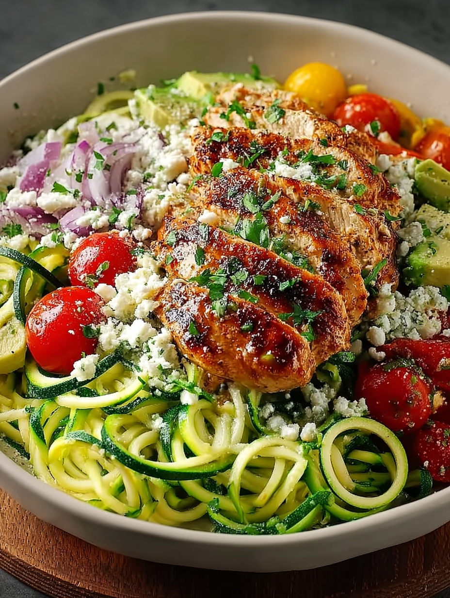 A bowl of food with chicken and zucchini noodles.