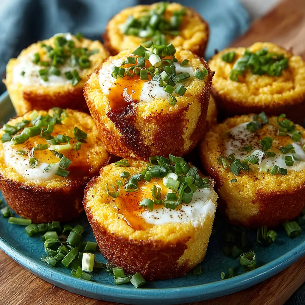 Mini cornbread egg sliders on a blue plate.