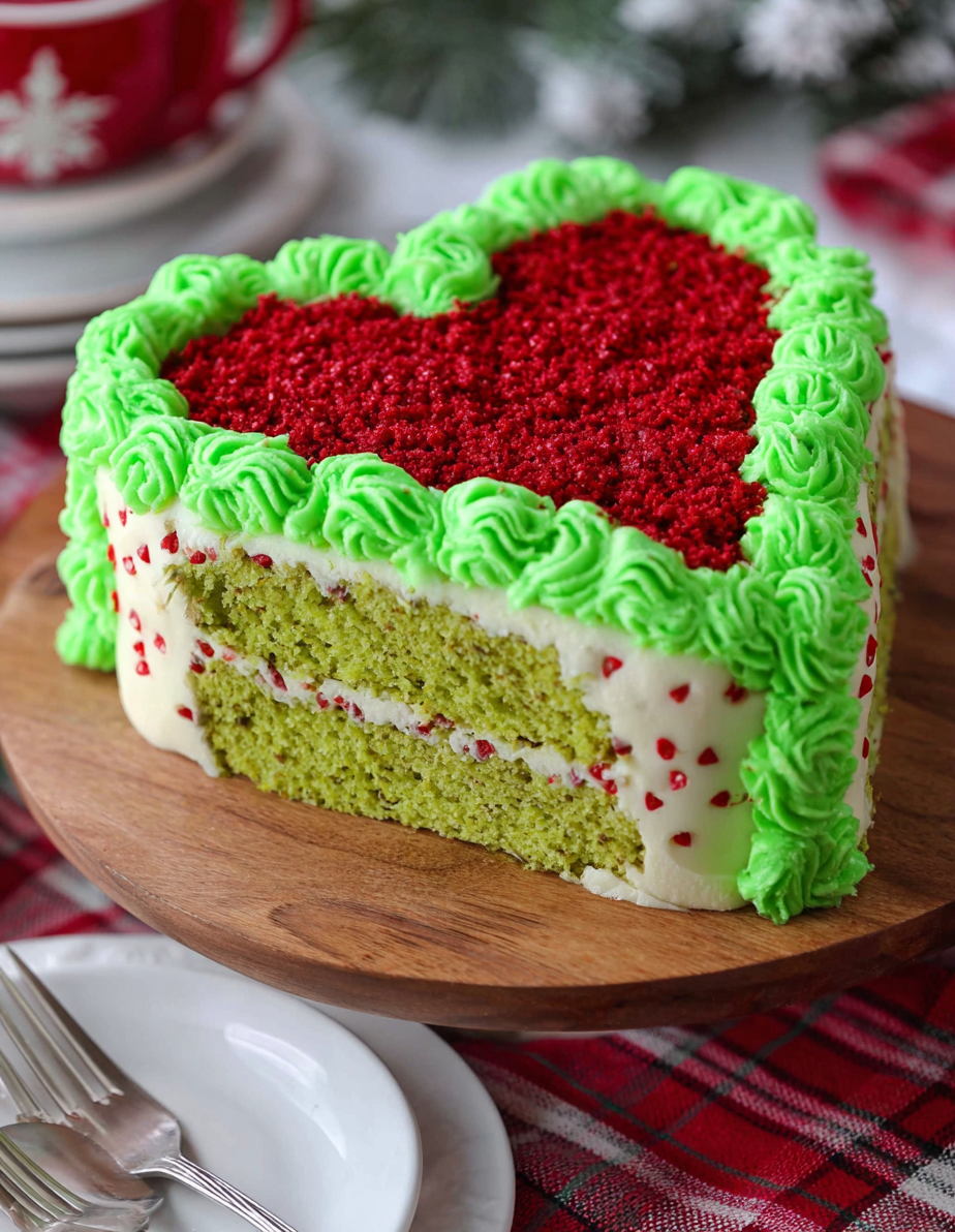 A green grinch cake with red frosting.