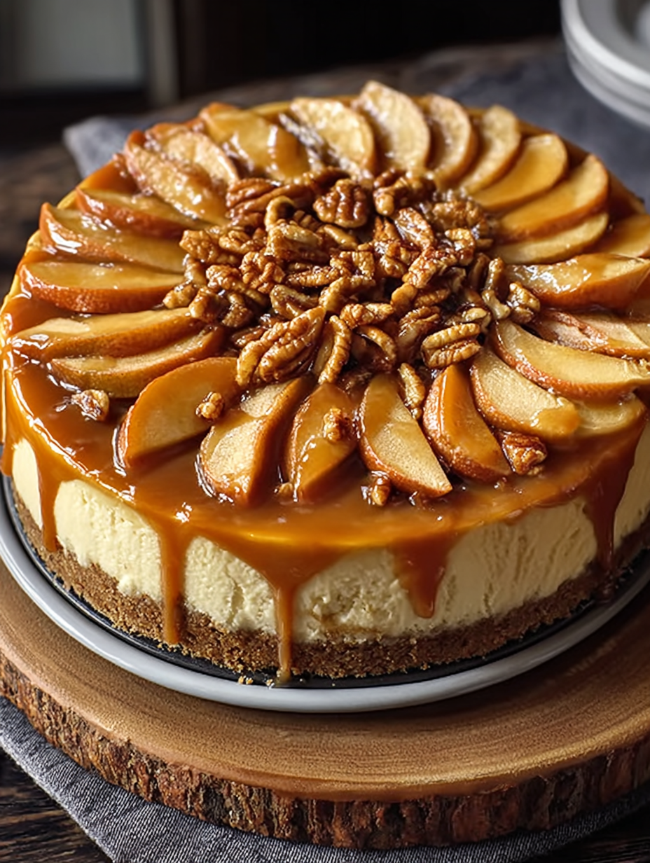 A slice of caramel apple cheesecake.