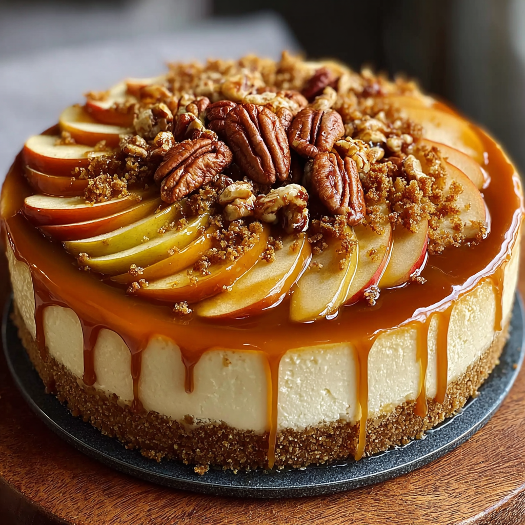 A slice of caramel apple cheesecake.