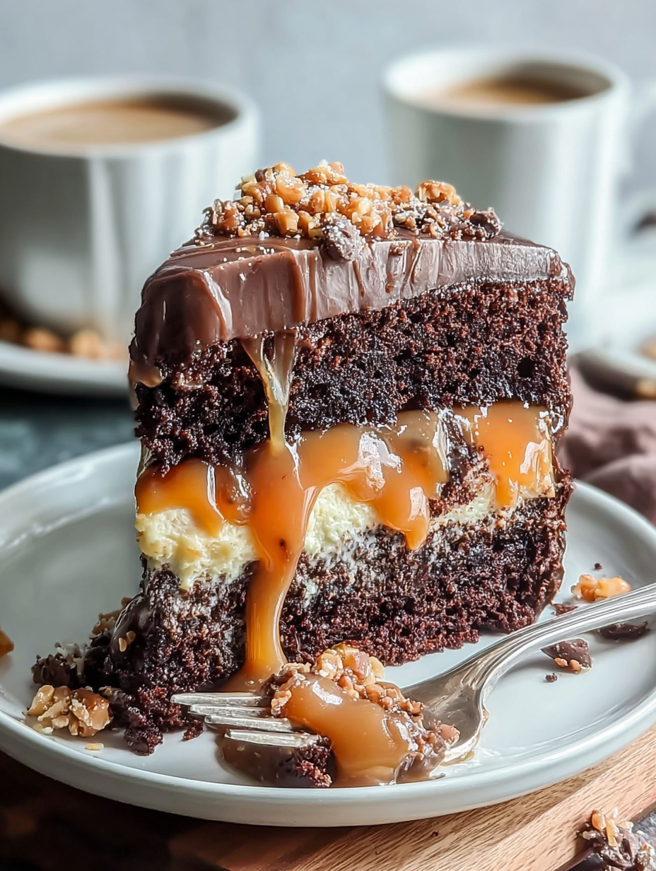A slice of chocolate caramel toffee crunch cake.
