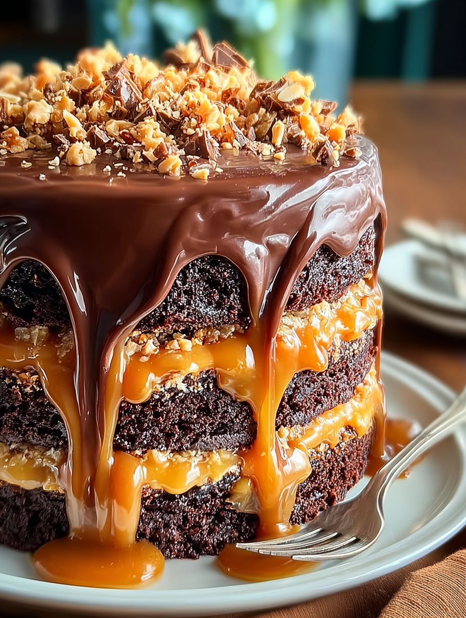 A chocolate cake with caramel drizzle.