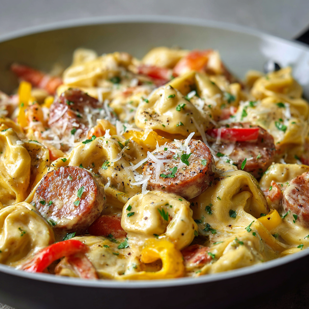 A skillet full of pasta with sausage and cheese.