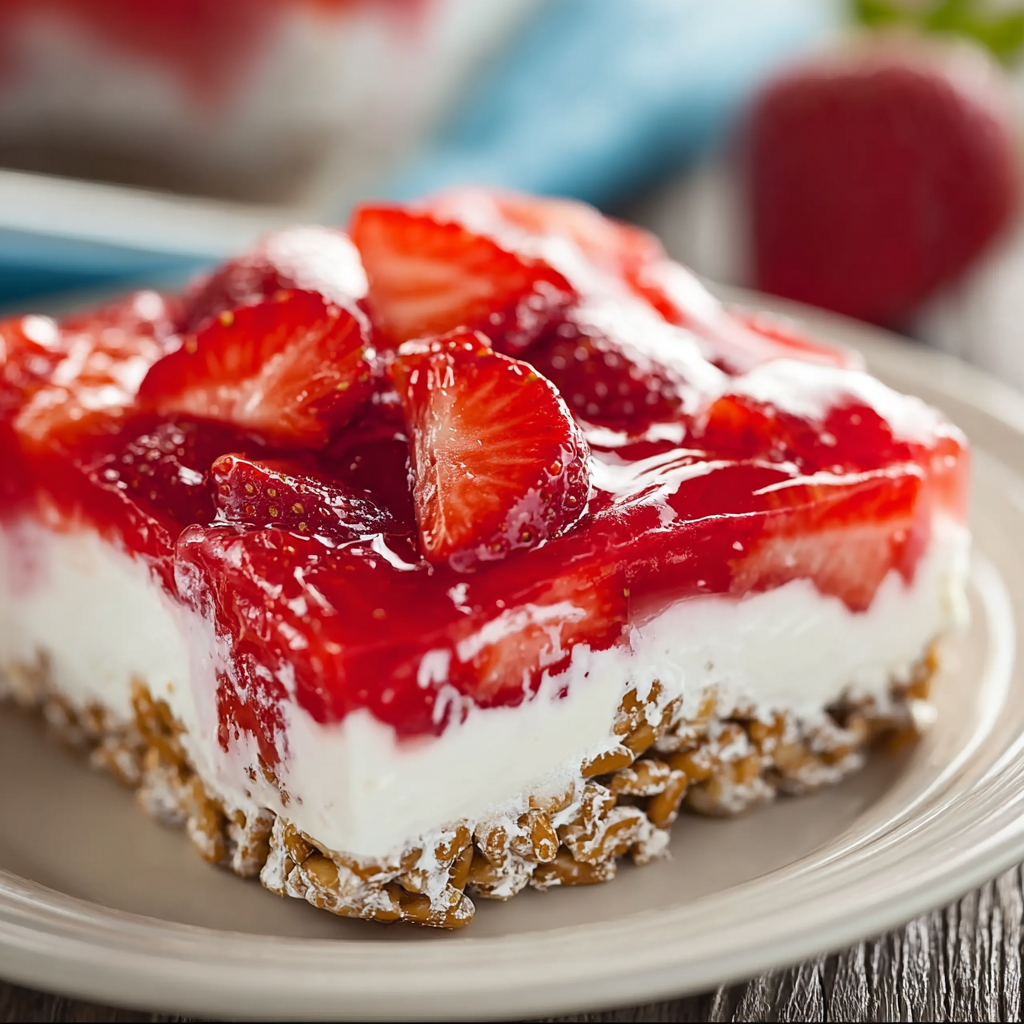 A slice of strawberry pretzel jello salad.