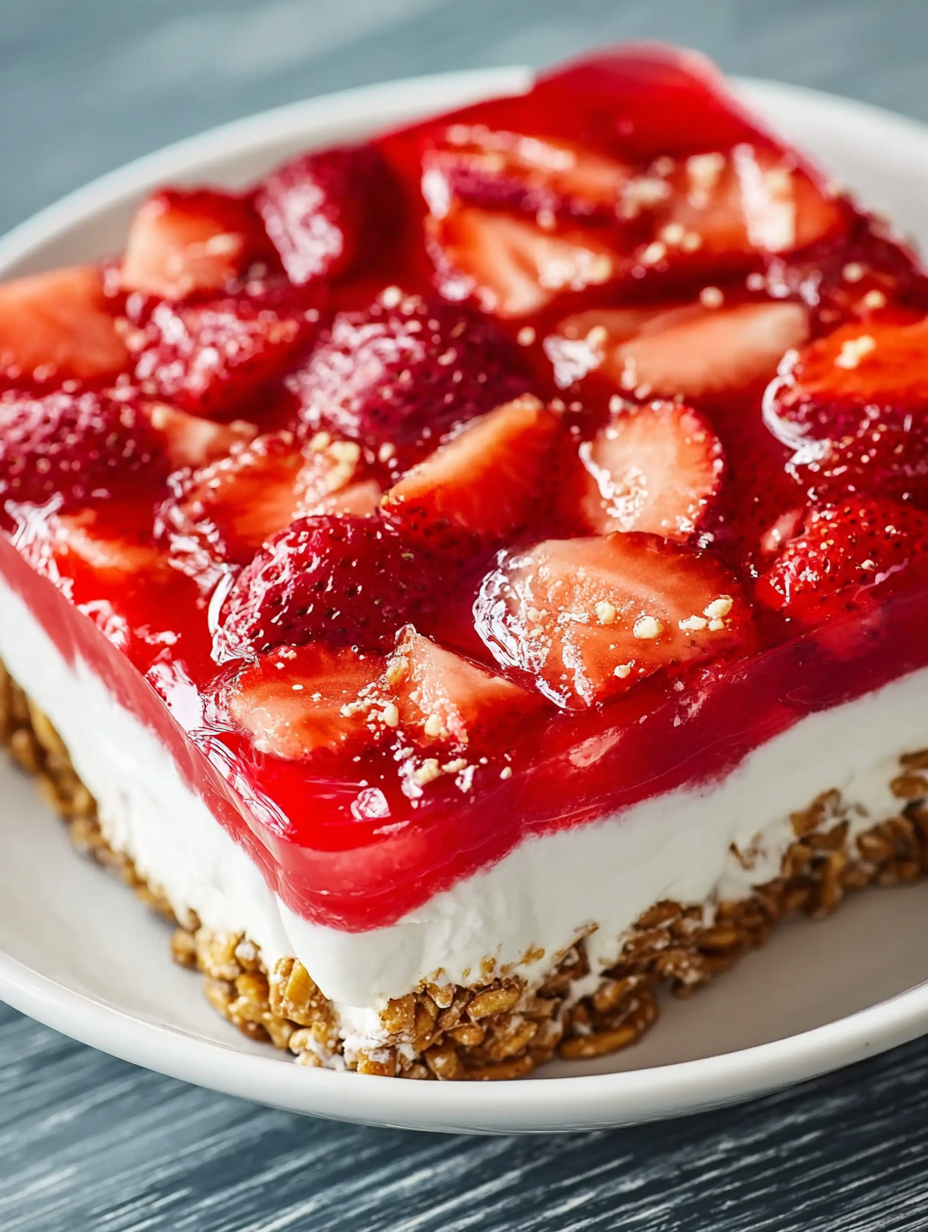 A slice of strawberry pretzel jello salad.
