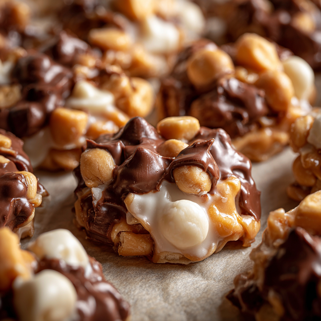 A close up of a chocolate covered peanut butter and marshmallow treat.