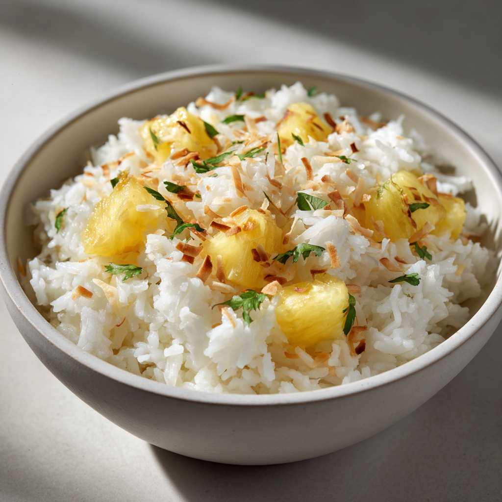 A bowl of rice with pineapple and coconut.
