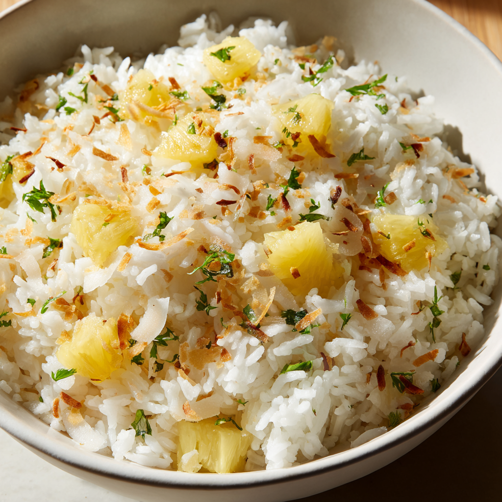A bowl of rice with pineapple and coconut.