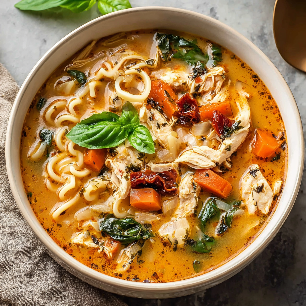 A bowl of soup with noodles, chicken, and vegetables.