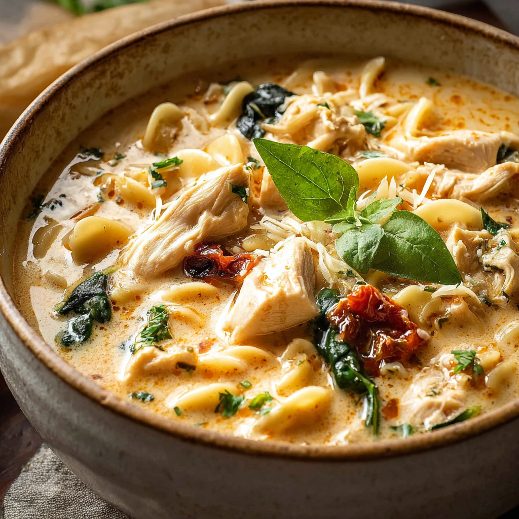 A bowl of chicken soup with a green leaf on top.