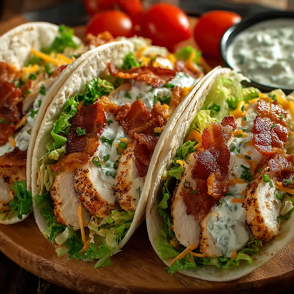 A plate of bacon-wrapped chicken with lettuce and tomatoes.