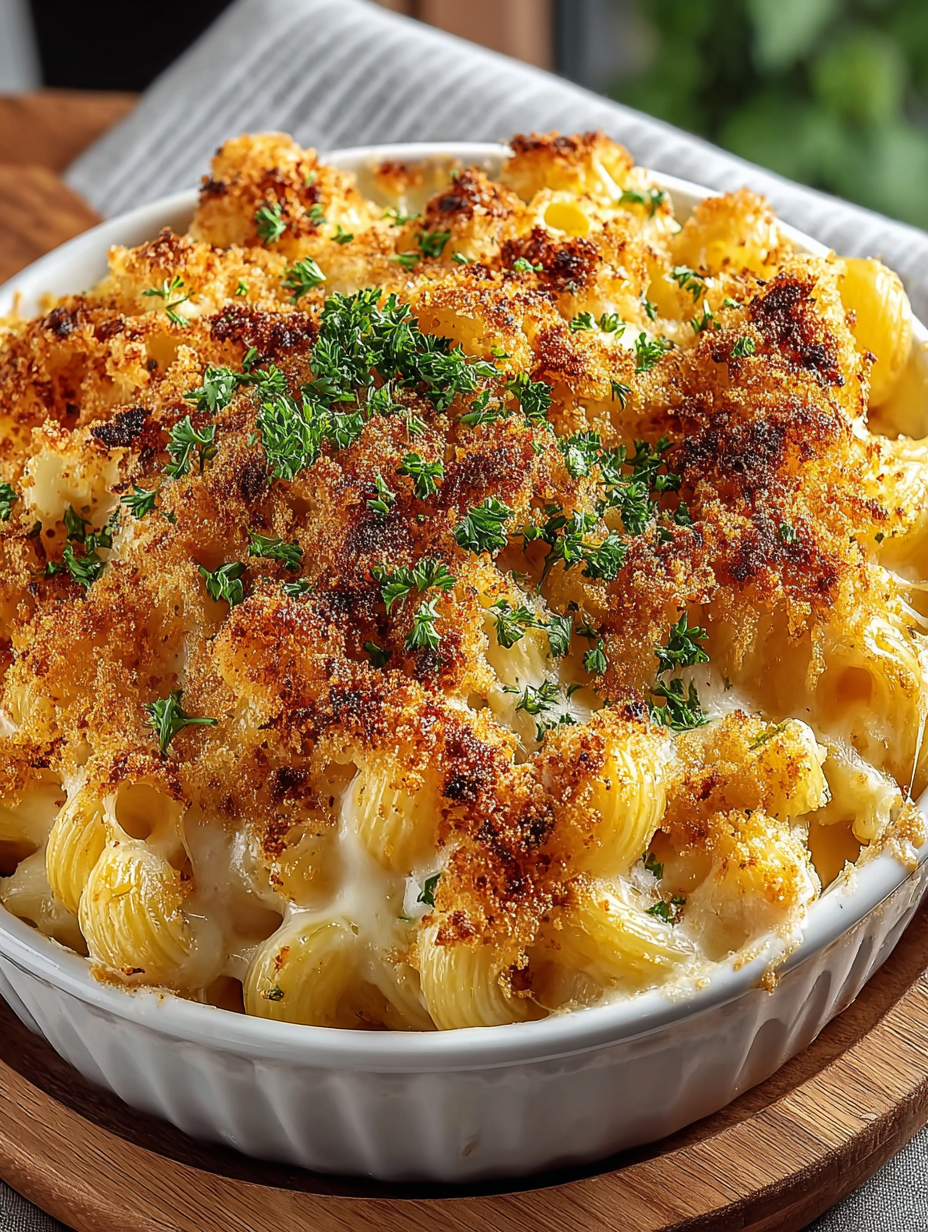 A baked macaroni and cheese dish.