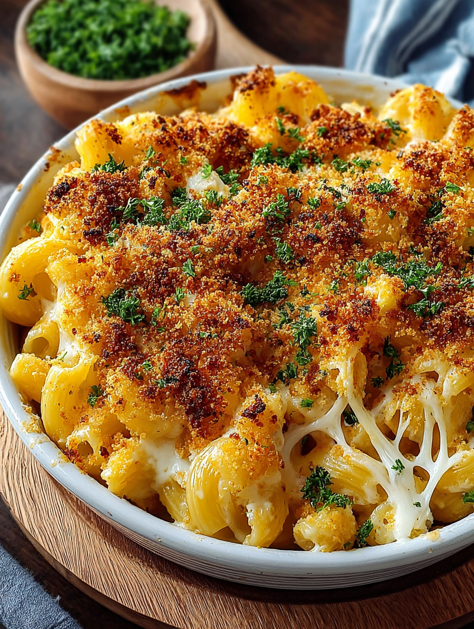 A close up of a baked macaroni and cheese dish.