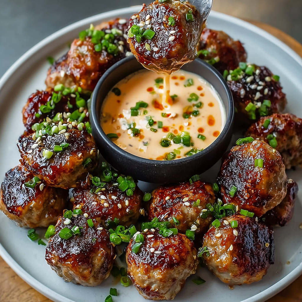 A plate of meatballs with spicy mayo dip.