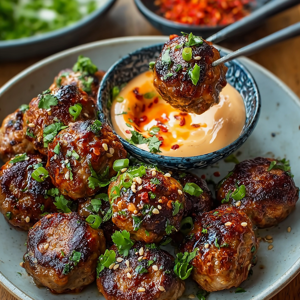 A plate of meatballs with spicy mayo dip.