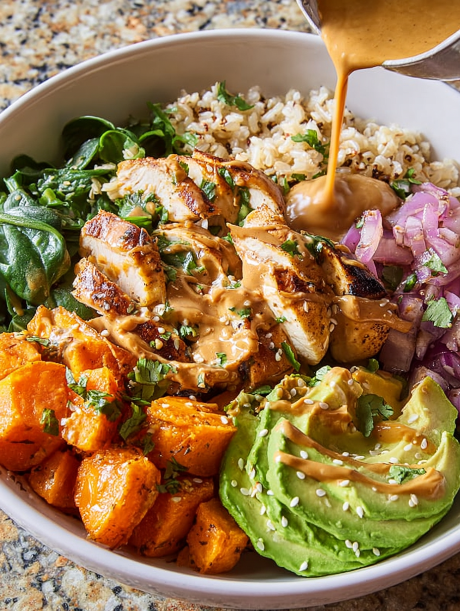 A bowl of food with chicken, rice, and vegetables.