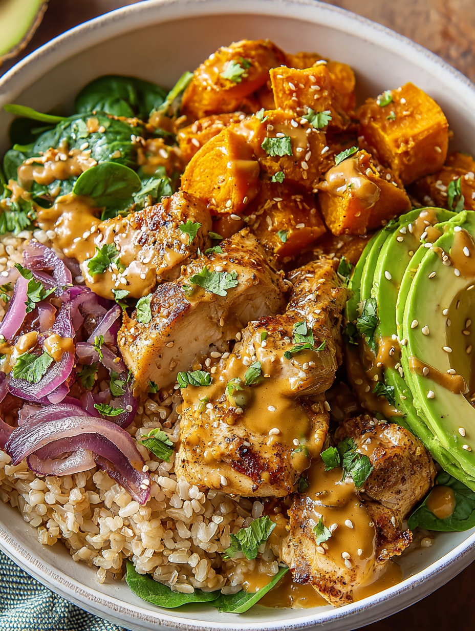 A bowl of food with chicken, rice, and vegetables.
