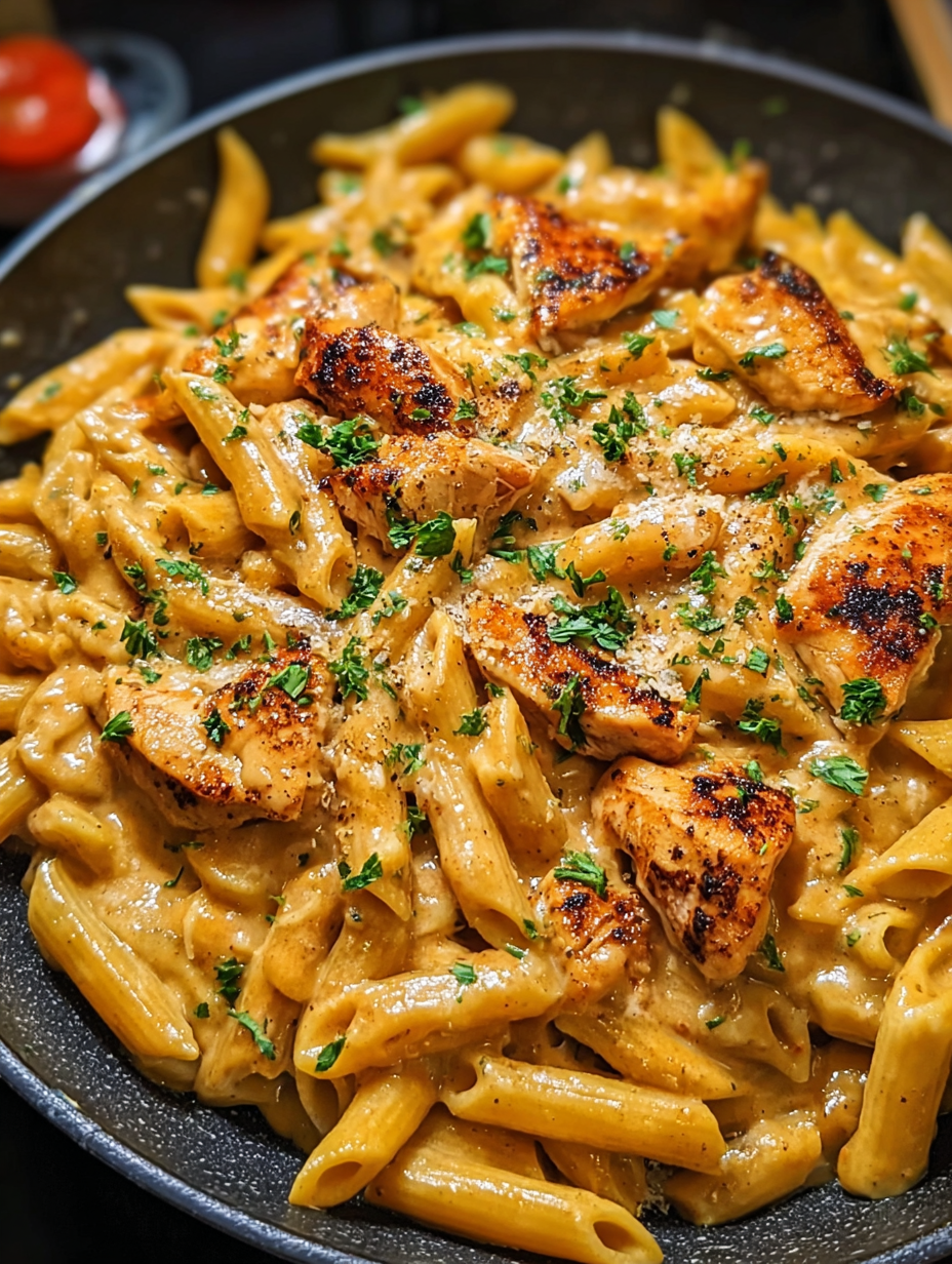 A delicious one-skillet BBQ chicken and cheese pasta dish.
