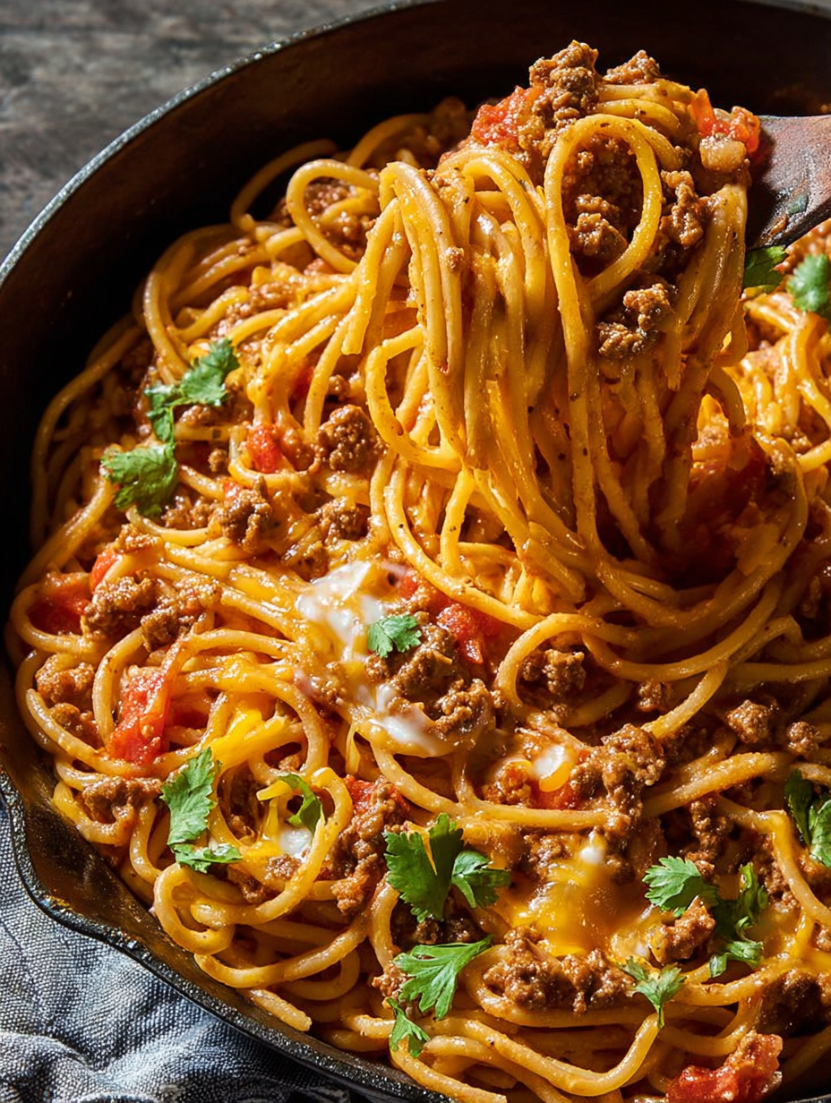 A bowl of spaghetti with meat and tomatoes.