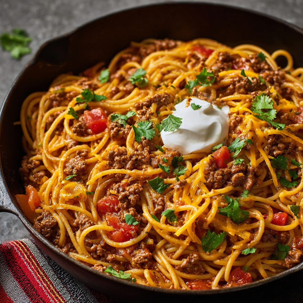 A bowl of spaghetti with meat and tomatoes.