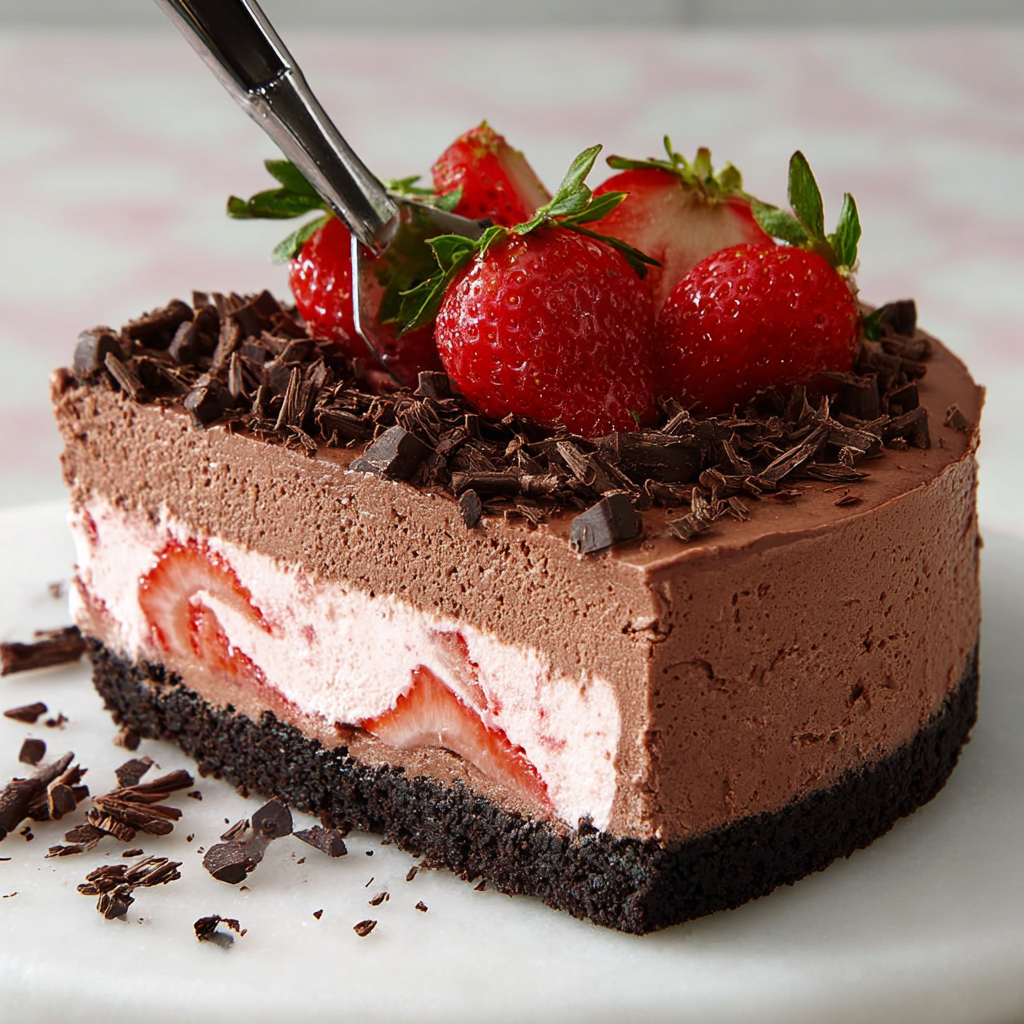 A slice of chocolate mousse cake with strawberries on top.
