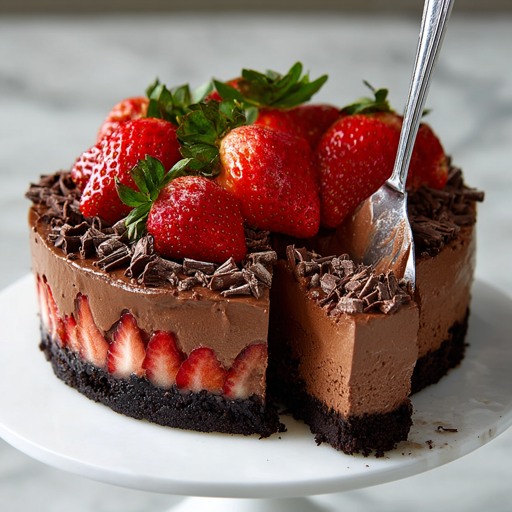 A slice of chocolate mousse cake with strawberries on top.