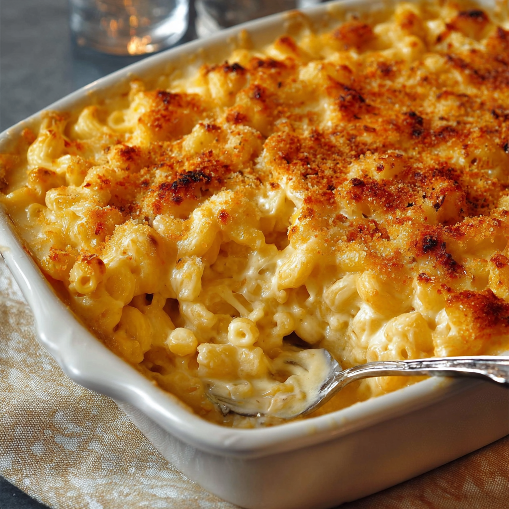 A creamy baked macaroni and cheese dish.