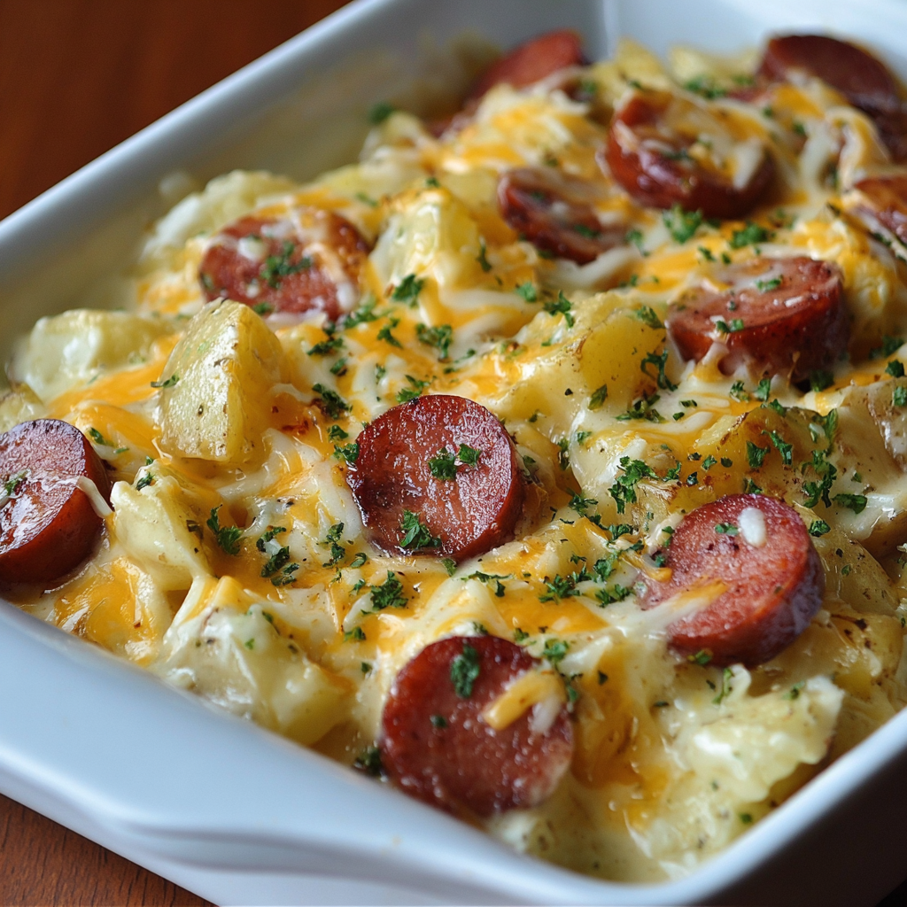 A dish of food with sausage and cheese.
