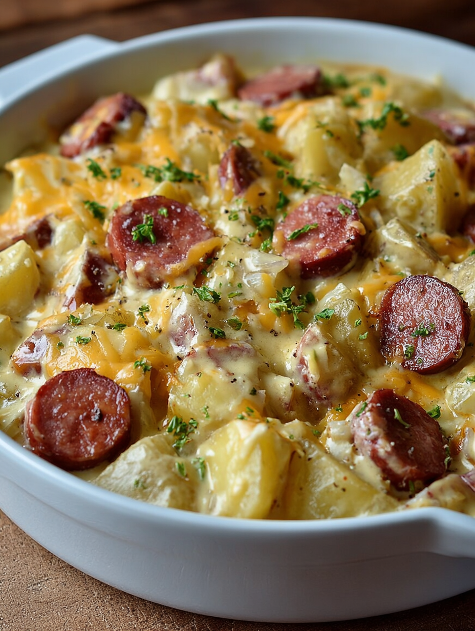 A dish of sausage and potatoes.