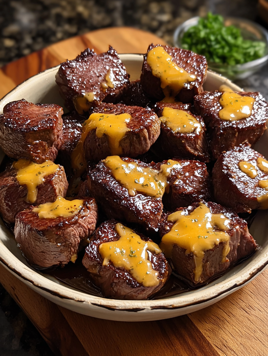 A bowl of Texas Roadhouse-Inspired Cheesy Butter Steak Bites.